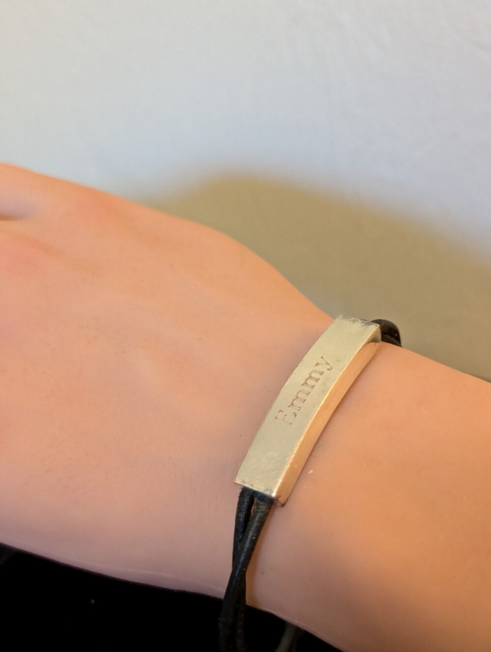 Silver Tone Leather Cord Engraved 'Emmy' Bracelet